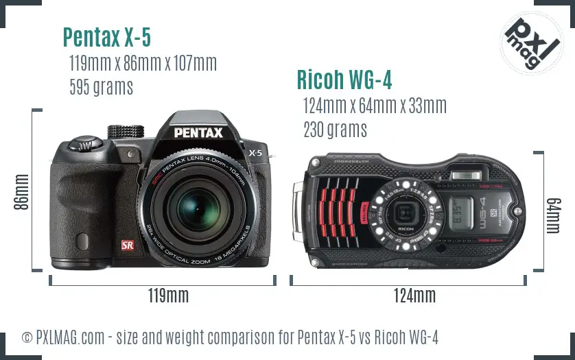 Pentax X-5 vs Ricoh WG-4 size comparison