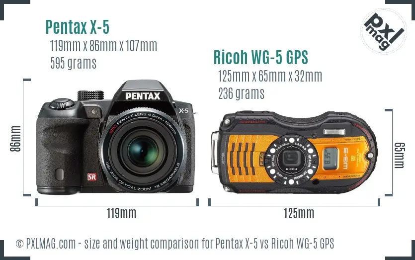 Pentax X-5 vs Ricoh WG-5 GPS size comparison