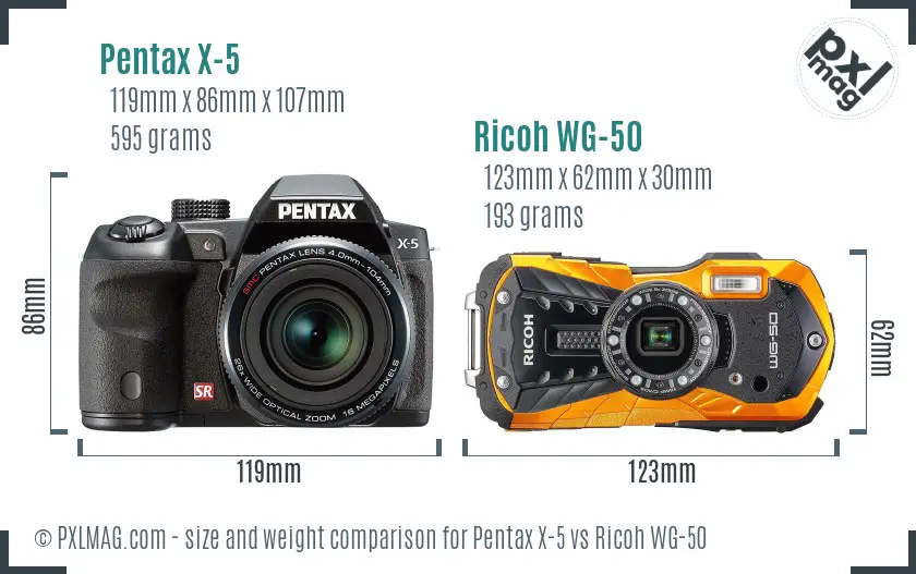 Pentax X-5 vs Ricoh WG-50 size comparison