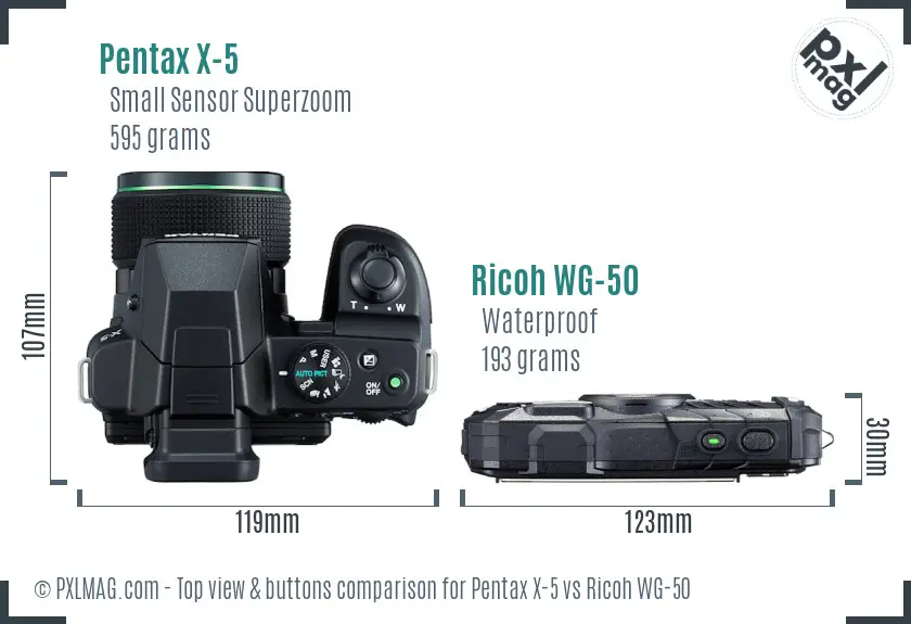 Pentax X-5 vs Ricoh WG-50 top view buttons comparison