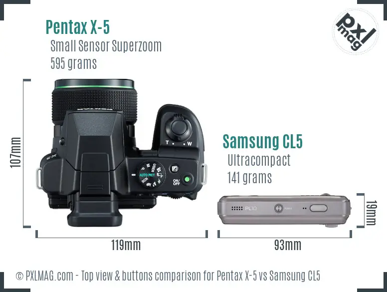 Pentax X-5 vs Samsung CL5 top view buttons comparison
