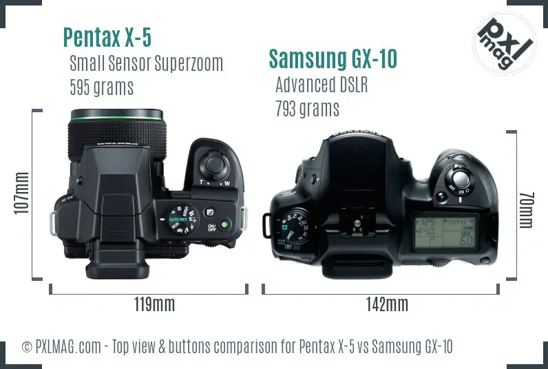 Pentax X-5 vs Samsung GX-10 top view buttons comparison