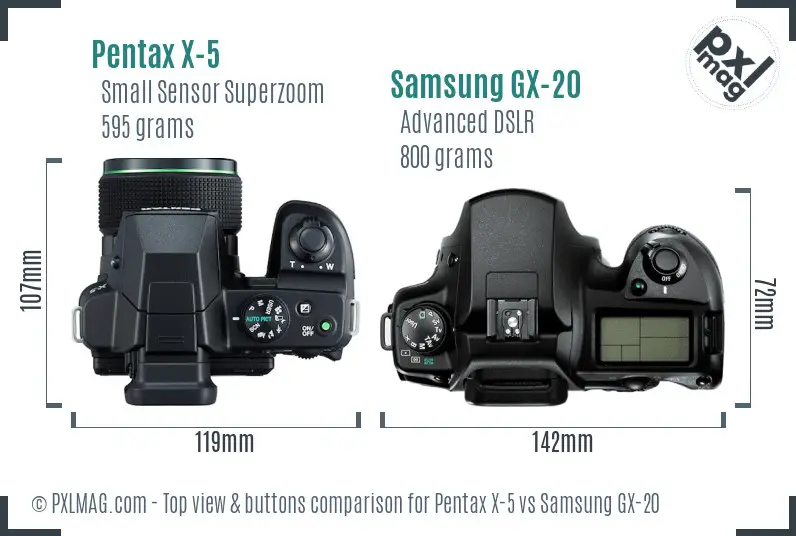 Pentax X-5 vs Samsung GX-20 top view buttons comparison