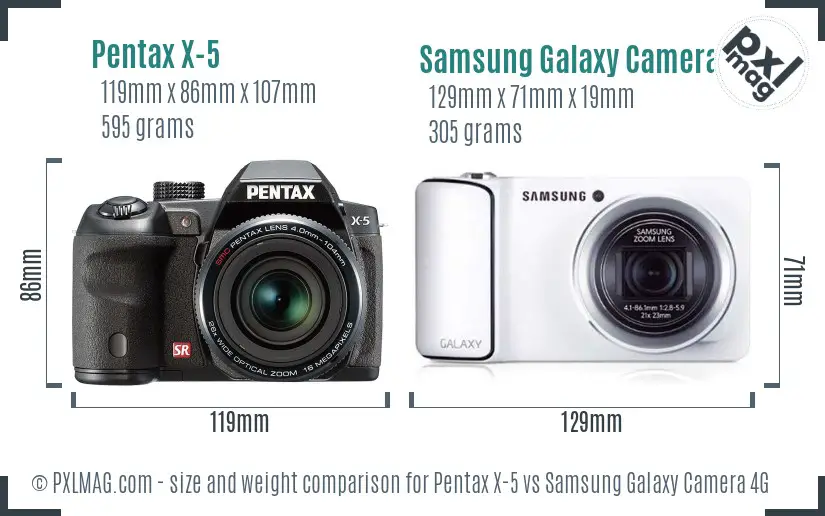 Pentax X-5 vs Samsung Galaxy Camera 4G size comparison