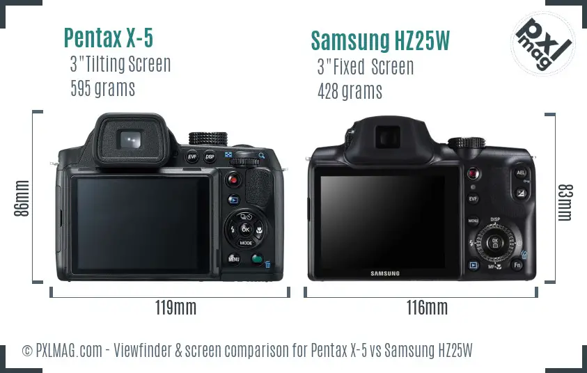 Pentax X-5 vs Samsung HZ25W Screen and Viewfinder comparison