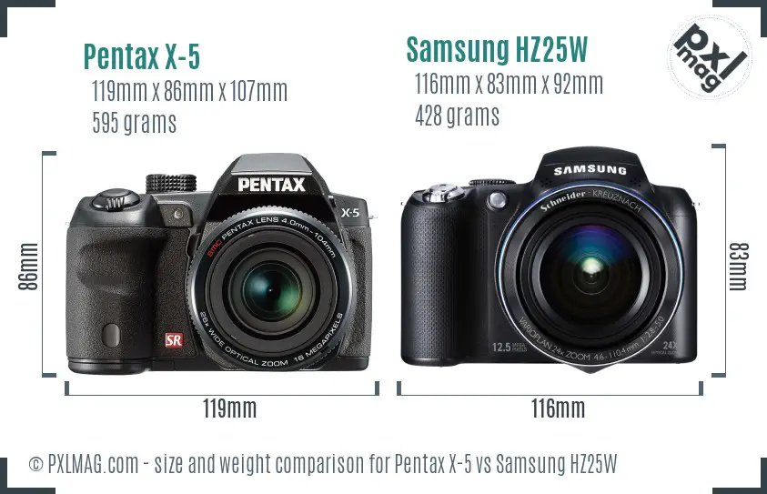 Pentax X-5 vs Samsung HZ25W size comparison