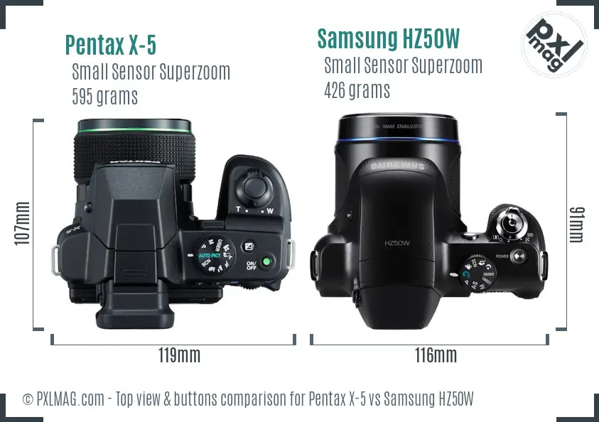 Pentax X-5 vs Samsung HZ50W top view buttons comparison