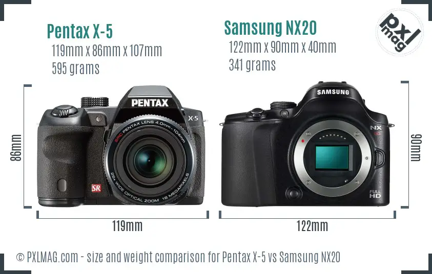 Pentax X-5 vs Samsung NX20 size comparison
