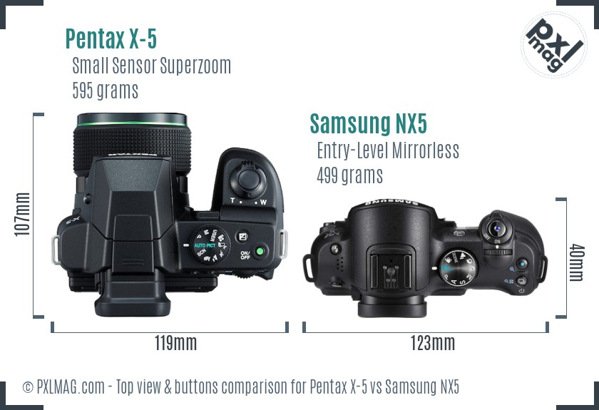 Pentax X-5 vs Samsung NX5 top view buttons comparison