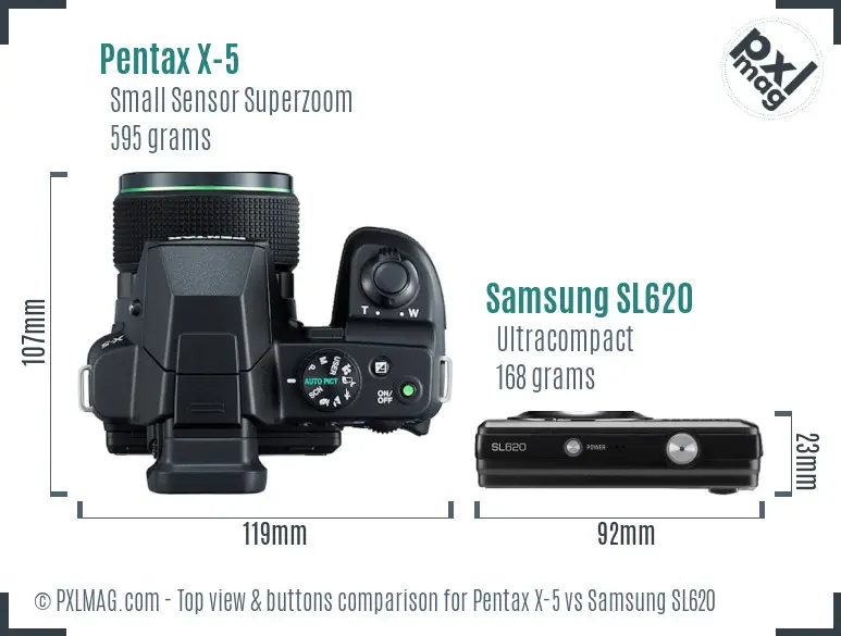 Pentax X-5 vs Samsung SL620 top view buttons comparison