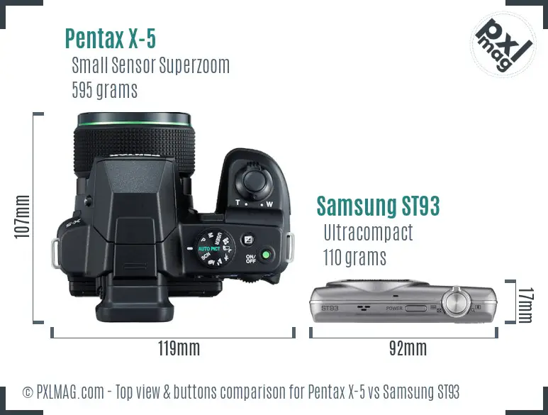 Pentax X-5 vs Samsung ST93 top view buttons comparison Pentax X-5 vs Samsung ST93 top view buttons comparison