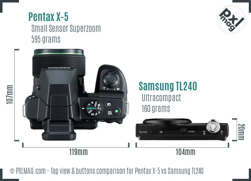 Pentax X-5 vs Samsung TL240 top view buttons comparison Pentax X-5 vs Samsung TL240 top view buttons comparison
