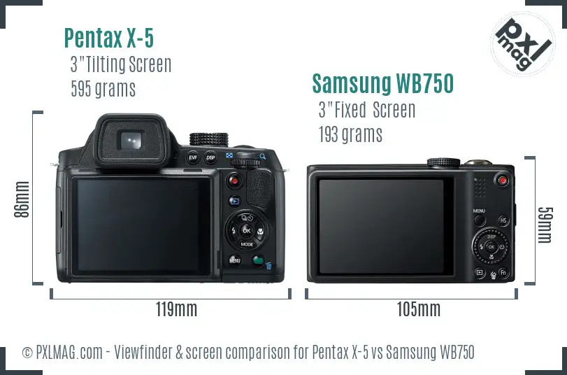 Pentax X-5 vs Samsung WB750 Screen and Viewfinder comparison