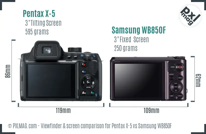 Pentax X-5 vs Samsung WB850F Screen and Viewfinder comparison
