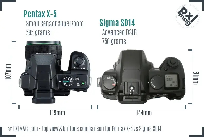 Pentax X-5 vs Sigma SD14 top view buttons comparison