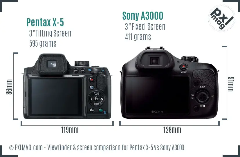 Pentax X-5 vs Sony A3000 Screen and Viewfinder comparison