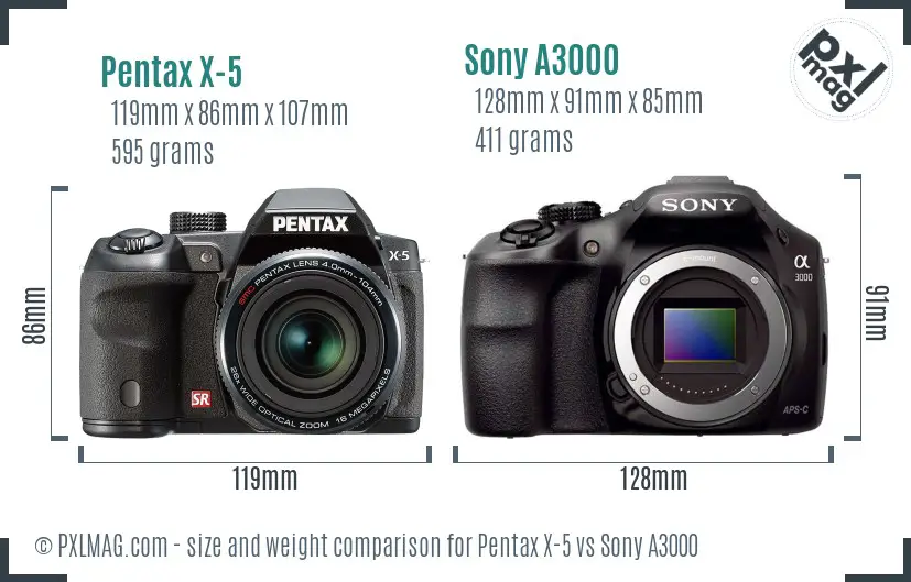 Pentax X-5 vs Sony A3000 size comparison