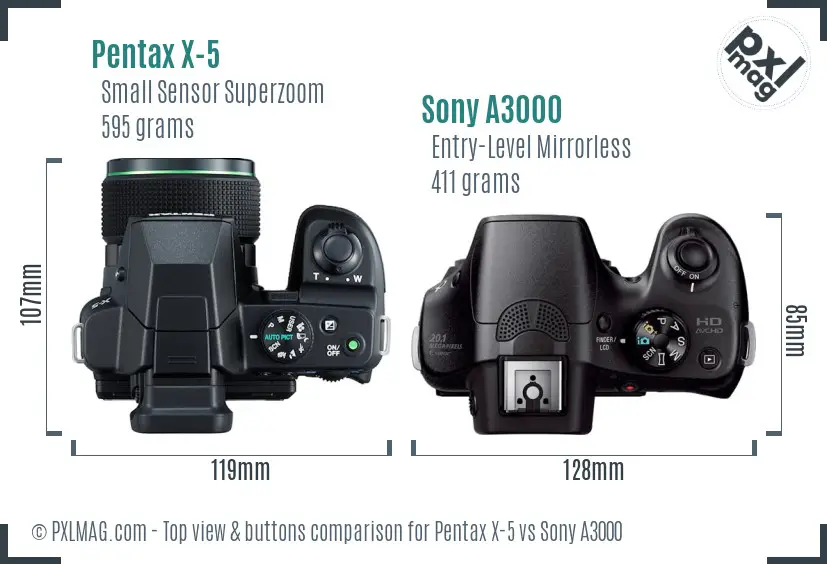 Pentax X-5 vs Sony A3000 top view buttons comparison