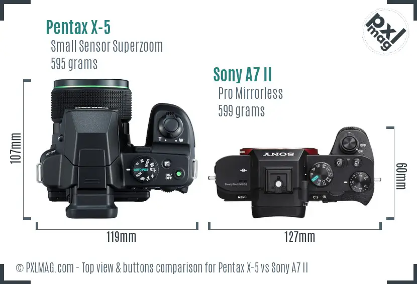 Pentax X-5 vs Sony A7 II top view buttons comparison