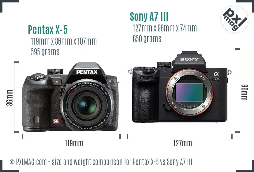 Pentax X-5 vs Sony A7 III size comparison