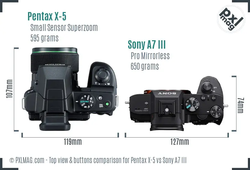 Pentax X-5 vs Sony A7 III top view buttons comparison