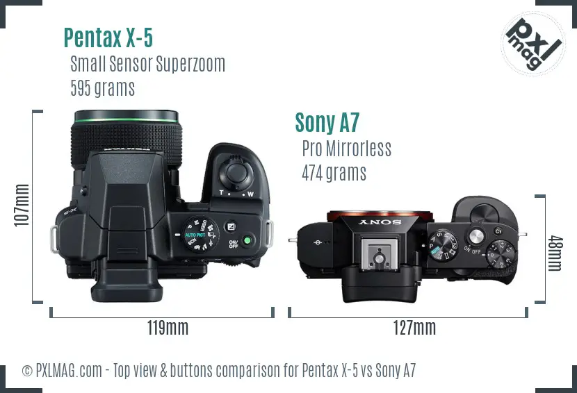 Pentax X-5 vs Sony A7 top view buttons comparison