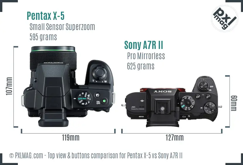 Pentax X-5 vs Sony A7R II top view buttons comparison