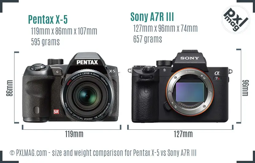 Pentax X-5 vs Sony A7R III size comparison