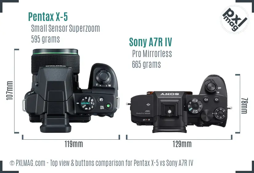 Pentax X-5 vs Sony A7R IV top view buttons comparison