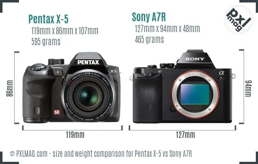 Pentax X-5 vs Sony A7R size comparison