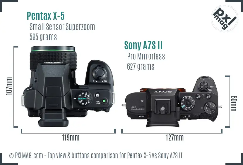 Pentax X-5 vs Sony A7S II top view buttons comparison