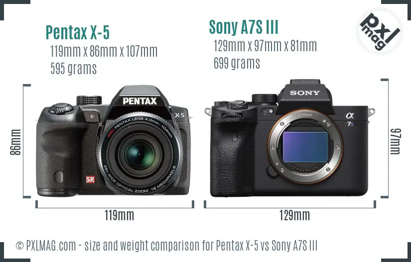 Pentax X-5 vs Sony A7S III size comparison