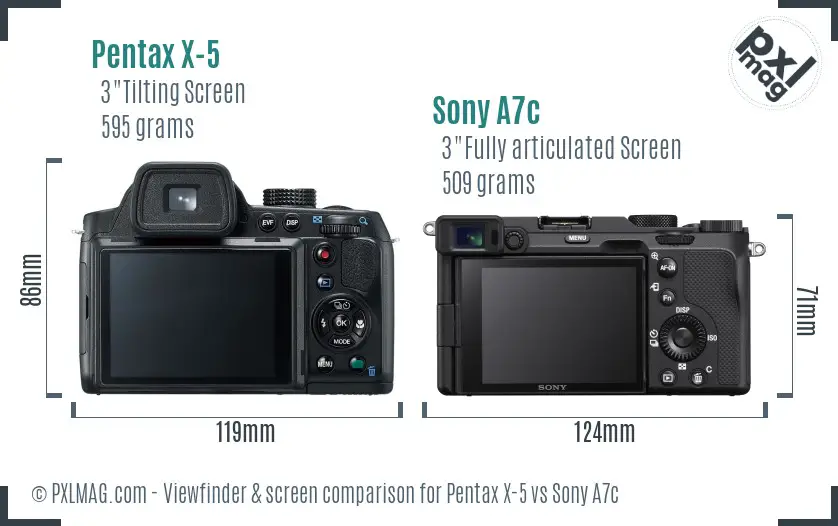 Pentax X-5 vs Sony A7c Screen and Viewfinder comparison