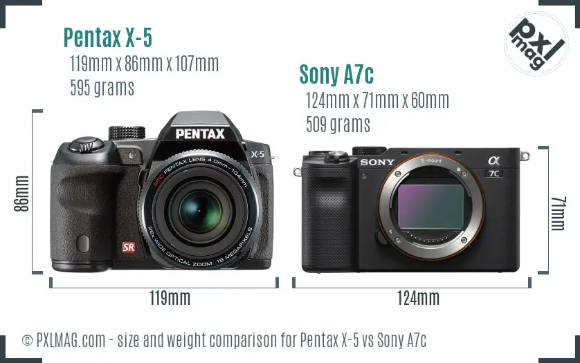 Pentax X-5 vs Sony A7c size comparison