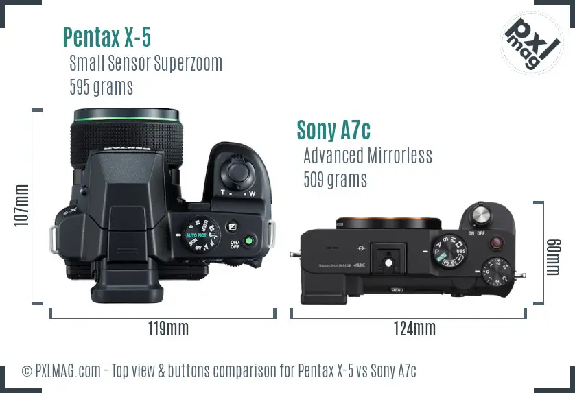 Pentax X-5 vs Sony A7c top view buttons comparison