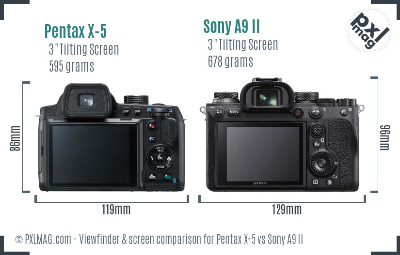 Pentax X-5 vs Sony A9 II Screen and Viewfinder comparison