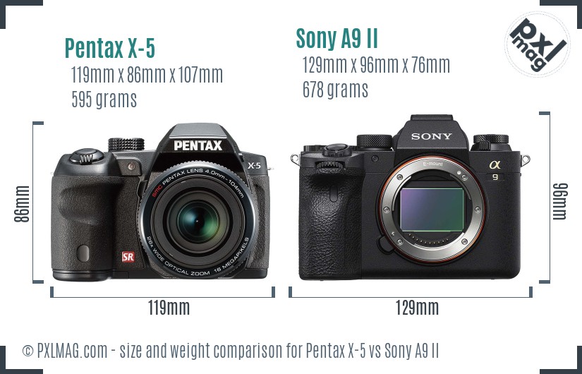 Pentax X-5 vs Sony A9 II size comparison