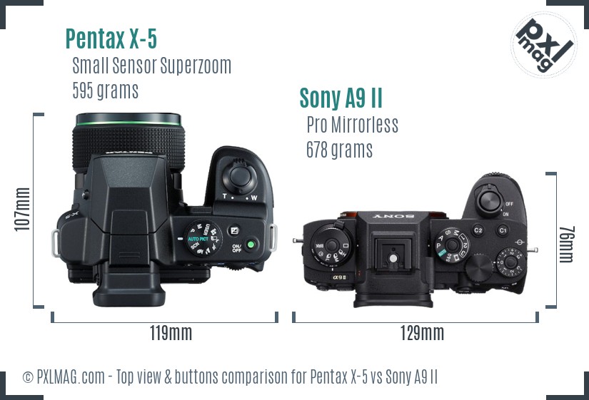 Pentax X-5 vs Sony A9 II top view buttons comparison