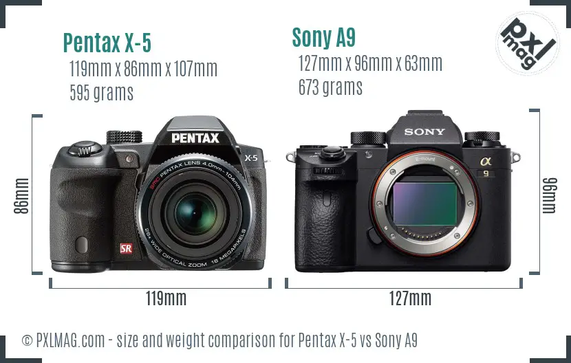 Pentax X-5 vs Sony A9 size comparison