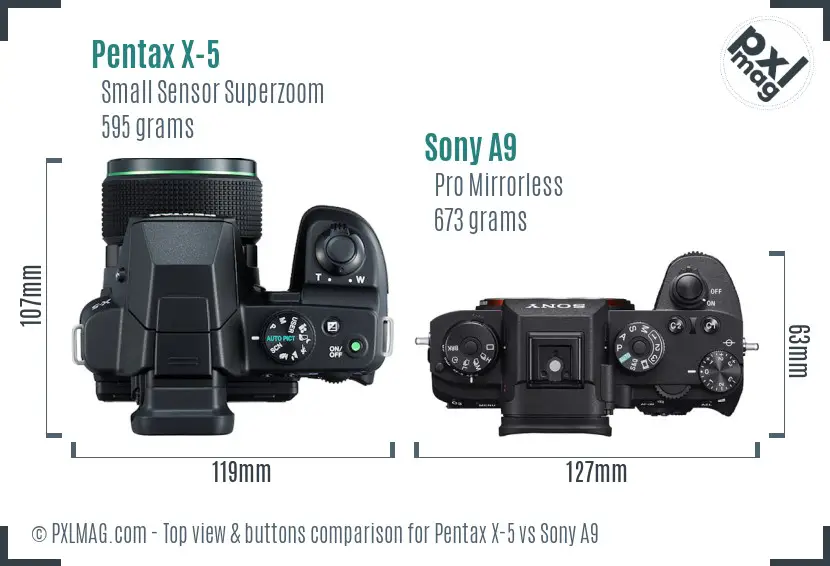 Pentax X-5 vs Sony A9 top view buttons comparison