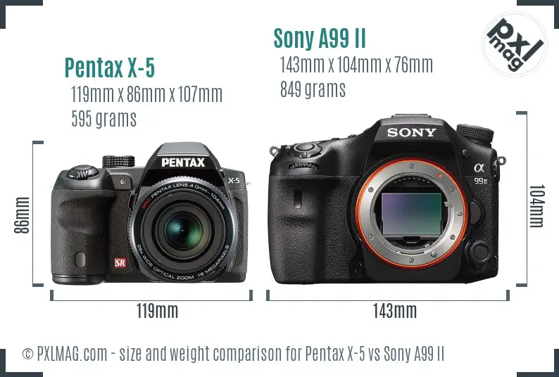 Pentax X-5 vs Sony A99 II size comparison