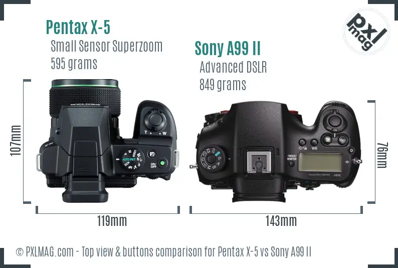 Pentax X-5 vs Sony A99 II top view buttons comparison