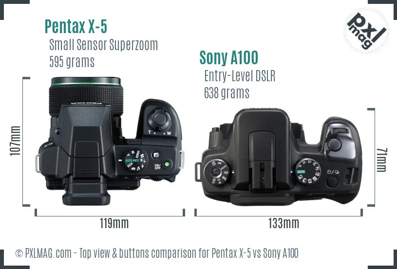 Pentax X-5 vs Sony A100 top view buttons comparison