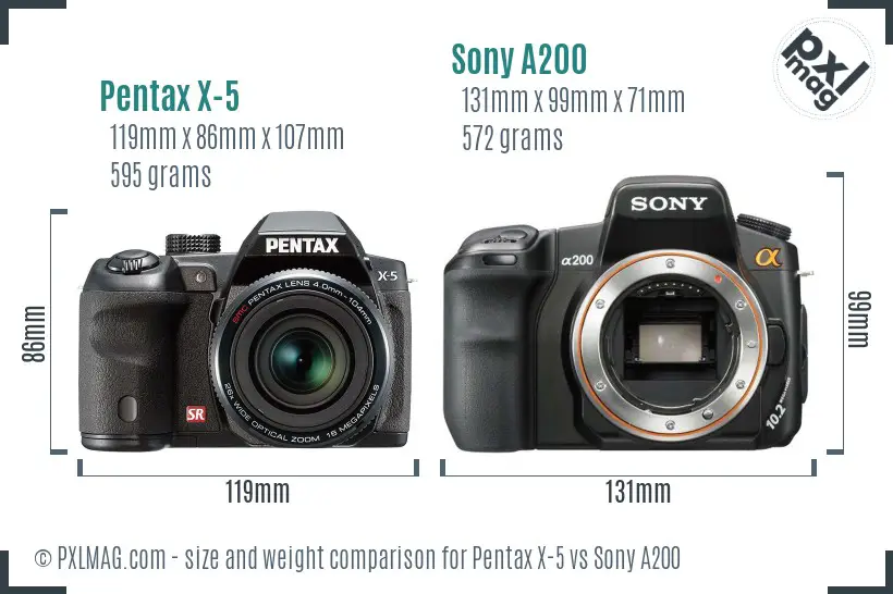 Pentax X-5 vs Sony A200 size comparison