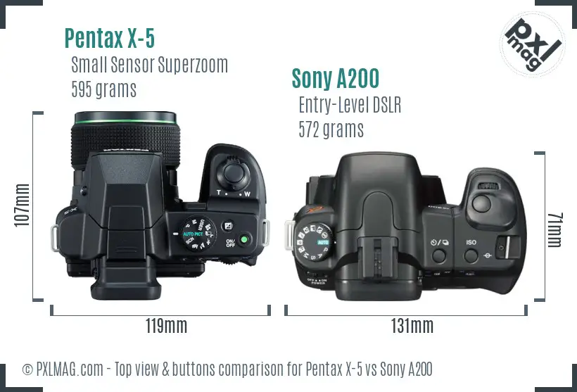 Pentax X-5 vs Sony A200 top view buttons comparison