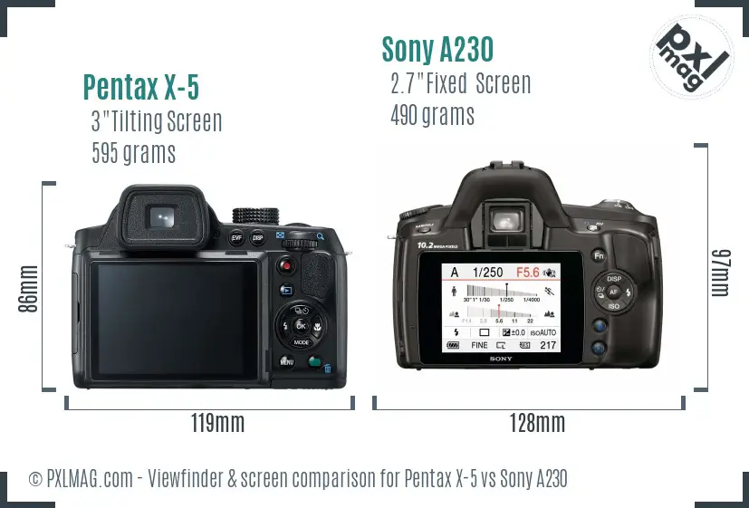 Pentax X-5 vs Sony A230 Screen and Viewfinder comparison