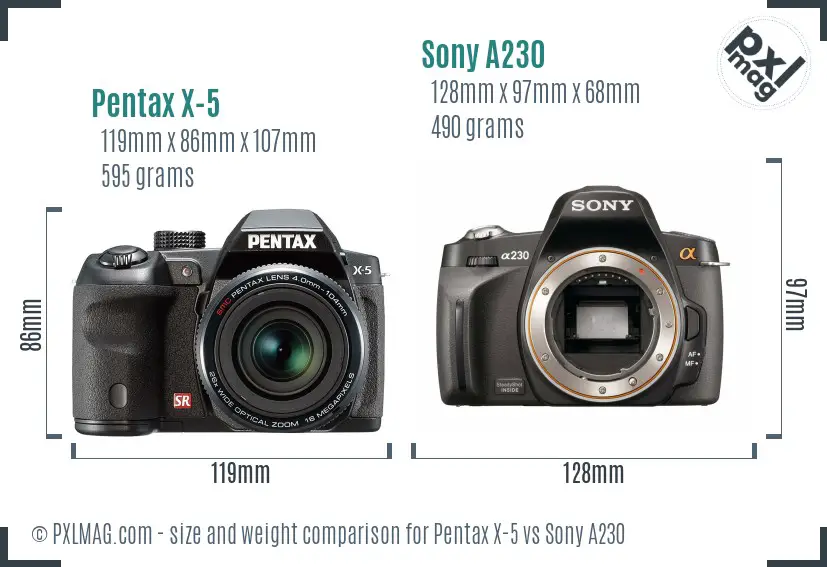 Pentax X-5 vs Sony A230 size comparison