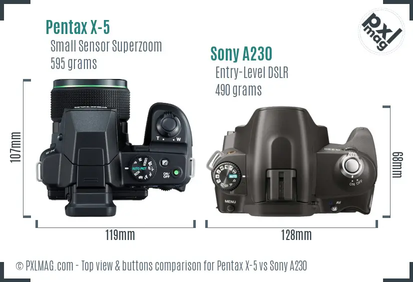 Pentax X-5 vs Sony A230 top view buttons comparison