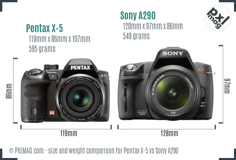 Pentax X-5 vs Sony A290 size comparison