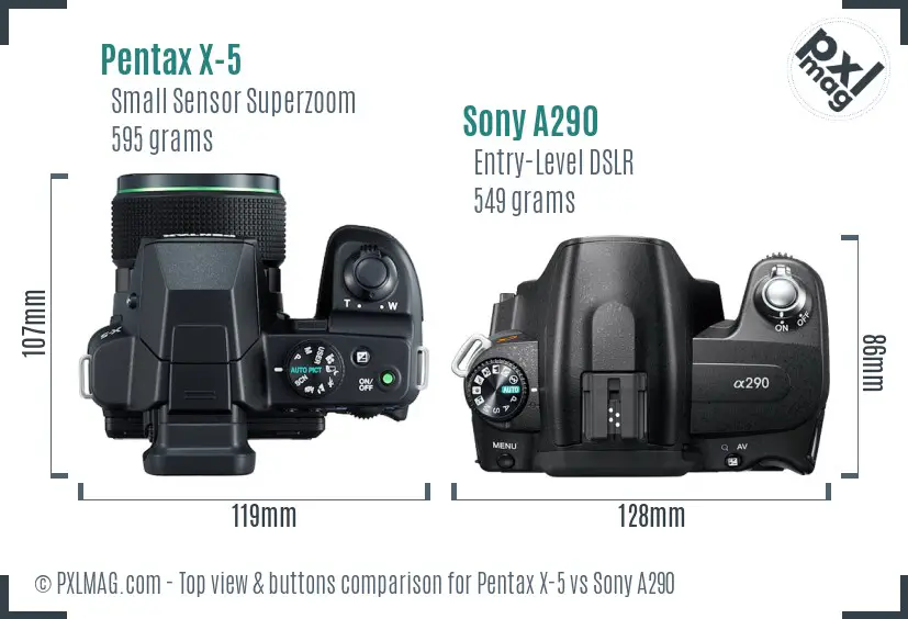 Pentax X-5 vs Sony A290 top view buttons comparison